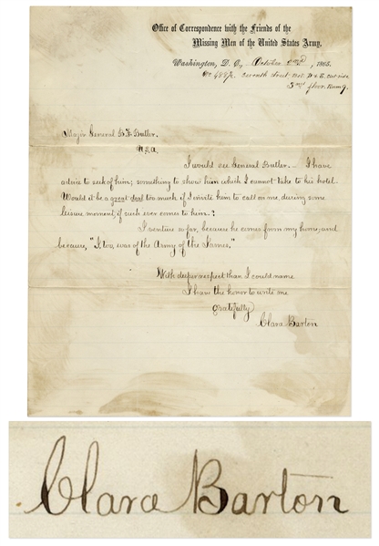 Clara Barton Autograph Letter Signed to General Benjamin Butler, Shortly After the End of the Civil War -- ''...I, too, was of the Army of the James...''